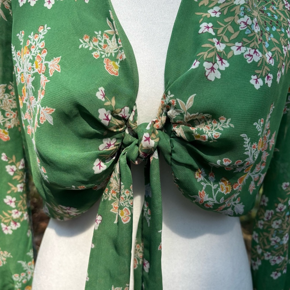 Floral Green Tie-Front Blouse - Picture 9 of 12